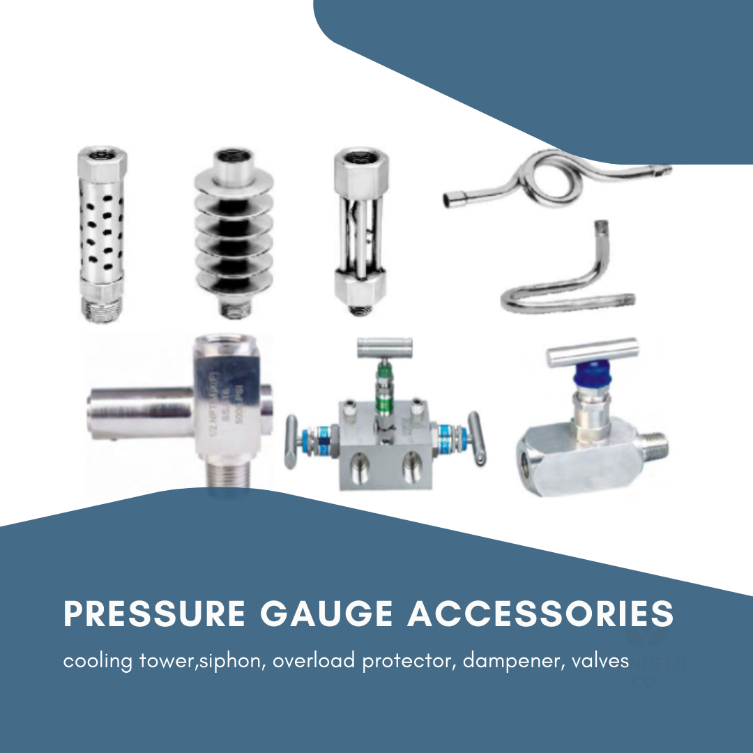 ssea pressure gauge accessories: siphon, cooling tower, Overload Protector, Pulsation Dampener, Movement Stabilizer, Valve, Manifold, gauge cock