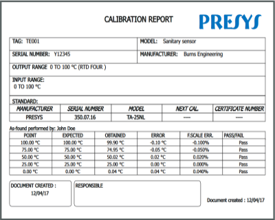 temperature calibration report Presys